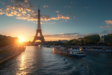 Fototapeta na wymiar The main attraction of Paris and all of Europe is the Eiffel tower in the rays of the setting sun on the bank of Seine river with cruise tourist ships. Generative AI