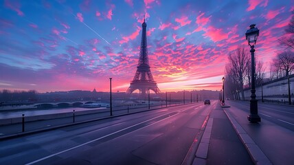 The symbol of Paris and all of France is the elegant and unique Eiffel tower. Photo Taken in the area of Trocadero square during the blue hour before dawn. Beautiful landscape illustration - obrazy, fototapety, plakaty