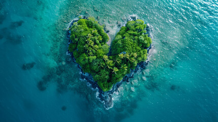 Aerial view of a small heart shape island on tropical sea, shallow blue waters