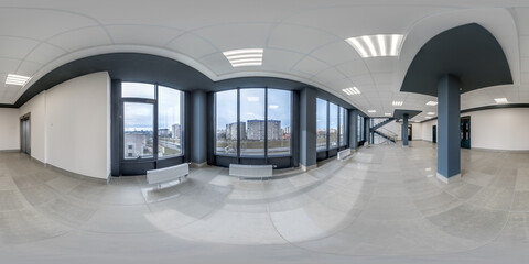 hdri 360 panorama view in empty modern hall with columns, doors and panoramic windows in...