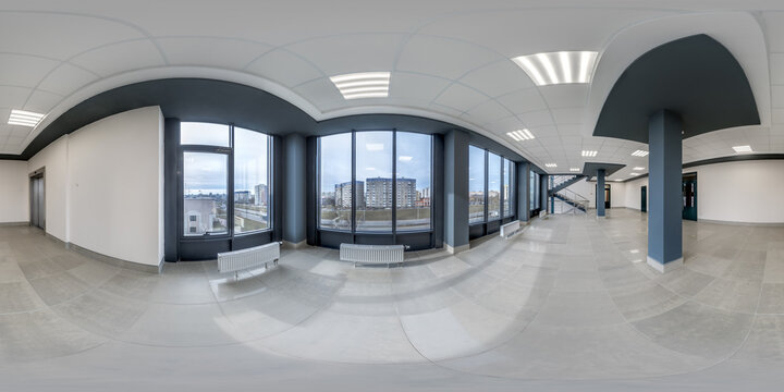 hdri 360 panorama view in empty modern hall with columns, doors and panoramic windows in equirectangular seamless spherical projection, ready for AR VR content