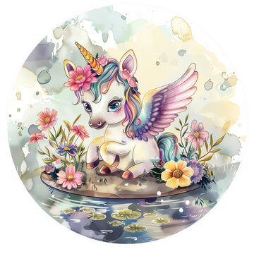 Cute watercolor sticker with magical unicorn, butterflies and flowers. Design of children's dishes, textiles, toys, cards and other ideas.

