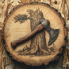 A close-up illustration as a logo of a symbolically cut tree and an ax as an association of the very hard work of woodcutter in the traditional old way - obrazy, fototapety, plakaty