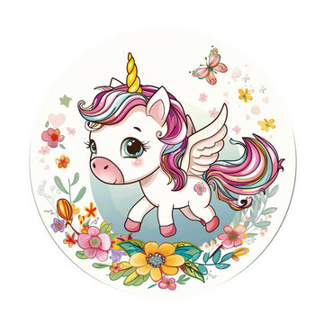 Cute unicorn cartoon character on pastel scales on a background of flowers, background isolated illustration. Design of children's dishes, textiles, toys, cards and other ideas.