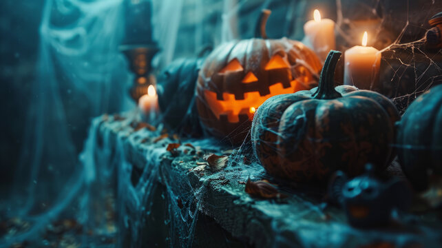 A Halloween setup with pumpkins and candles.