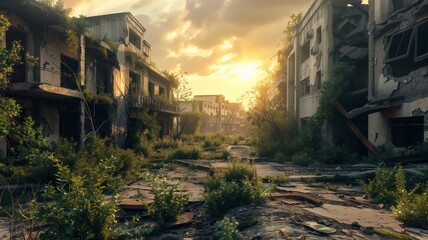 Post-apocalyptic city, beautiful lush overgrown buildings, end of civilization, 3d rendering. - obrazy, fototapety, plakaty