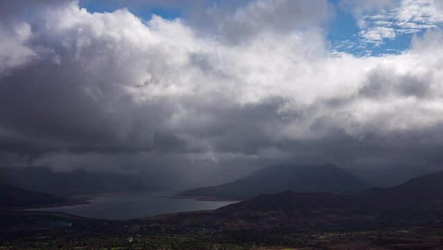 Timelapse - Dramatic rainy clouds moving over a lake 4K60
