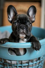 Black French bulldog puppy tucked in a blue laundry basket, upright