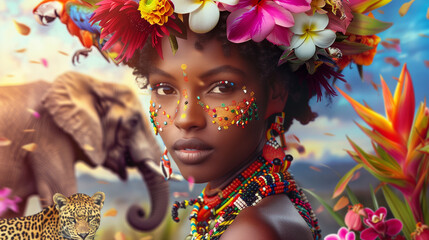beautiful African woman with flowers in her hair. Against the backdrop of the jungle. Parrots, elephants, leopards and lianas in the background - obrazy, fototapety, plakaty