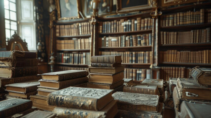 Fototapeta premium A library with stacked books.