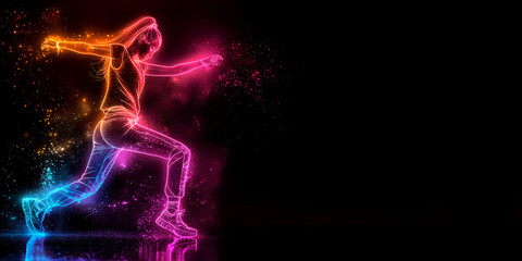 dynamic skeleton silhouette of street dancer-girl in neon colors on a black background,a place for text,concept of advertising dance events,posters and banners,graphic design,emotional self-expression