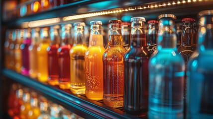 A variety of colorful bottles on a shelf. - obrazy, fototapety, plakaty