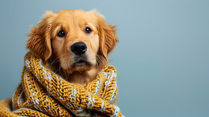 Golden retriever puppy bundled in yellow and white scarf and blue background in horizontal portrait