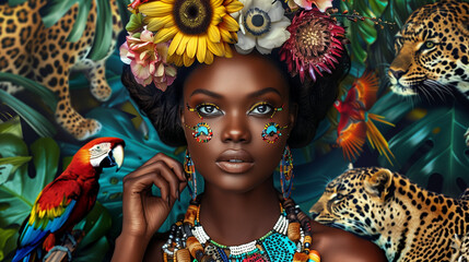 Portrait of a beautiful Kenya woman with flowers in her hair. На фоне джунглей. Parrots, elephants, leopards and lianas in the background - obrazy, fototapety, plakaty
