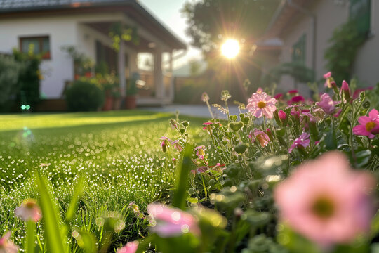 blurry image of the green lawn in the backyard. Flowers trimmed grass with dew drops and the rising morning sun.