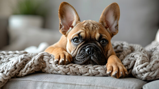 Light brown French bulldog, lying on a sofa and blanket, with a green flower pot out of focus in the background of the image