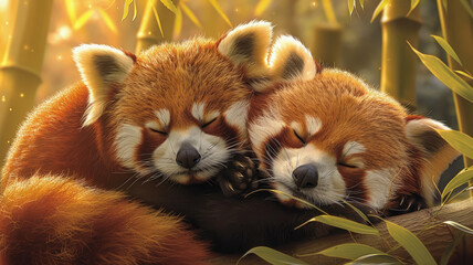 Two red pandas cuddling among bamboo.