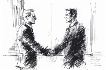 Two businessmen shaking hands, sketch with black pen, white background