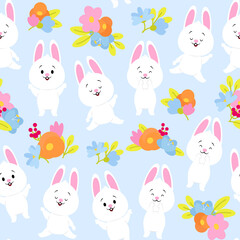 Seamless pattern of cute white Easter bunnies and simple flowers