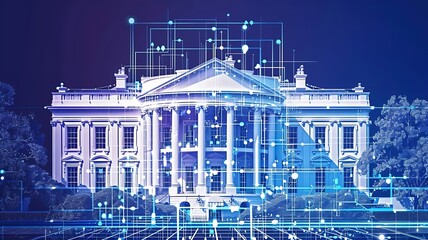 The White House on sunny day, Washington DC, USA. Executive branch. President administration. The concept of cyber security to protect confidential information, checkpoints hologram