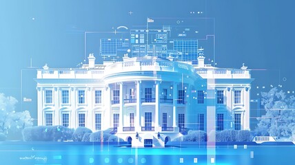 The White House at day, Washington DC, USA. Executive branch. President administration. Artificial Intelligence concept, hologram. AI, machine learning, neural network, robotics. Generative AI