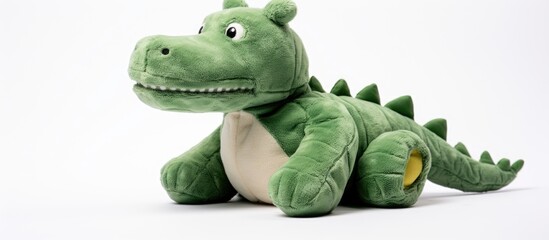 A green stuffed dinosaur toy is sitting quietly on a white surface. The plush toy is positioned in...