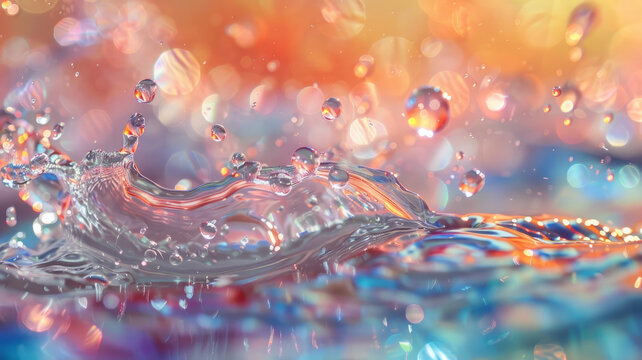 Colorful water droplets on surface.