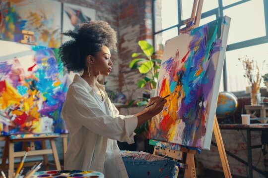 African American woman engaged in painting a colorful abstract piece on a canvas in a sunlit art studio.