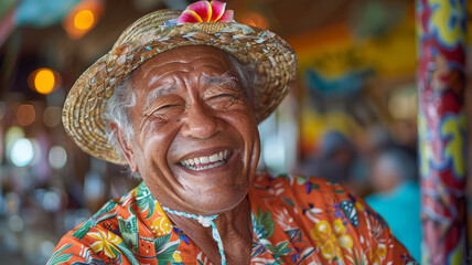 Fototapeta premium Elderly man smiling in tropical attire.