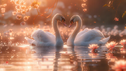 Two swans forming a heart shape on a lake