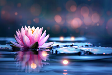A pink lotus flower floating on the water, , with delicate petals glowing softly in the moonlight, reflecting off the shimmering turquoise waters,  blurred, evening, night background, zen, harmony - obrazy, fototapety, plakaty