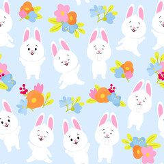 Seamless pattern of cute white Easter bunnies and simple flowers