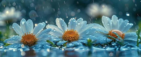 Foto op Canvas Close-up of dew-covered daisies with raindrops on petals, vibrant colors, and blurred background. © Gayan