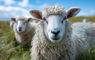Two sheep in a field with focus on the one in front looking at the camera. - obrazy, fototapety, plakaty