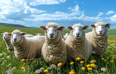 Flock of sheep standing in a vibrant green field with yellow flowers under a clear blue sky.