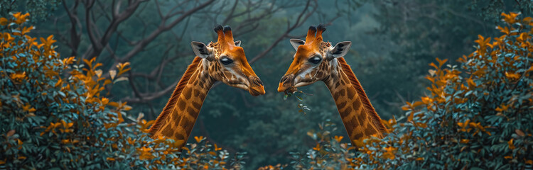 Two giraffes facing each other amidst a lush forest, with a serene and mystical atmosphere. - obrazy, fototapety, plakaty