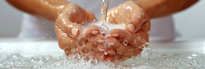 Close-up of hands being washed under running water, symbolizing hygiene and health. - obrazy, fototapety, plakaty