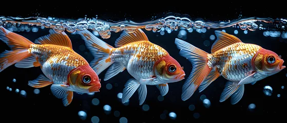 Fotobehang Three goldfish swimming in a row against a dark background. © Gayan