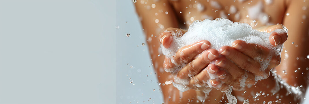 Close-up of hands catching clear, fresh water with splashes and droplets, symbolizing purity and hygiene.