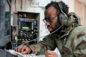 African American man with headphones working on amateur radio equipment. - obrazy, fototapety, plakaty