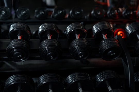 Gym equipment concept. Fitness dark dumbbells.