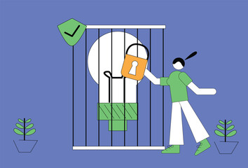 Intellectual property, patented protection, copyright reserved or product trademark that cannot copy concept, business owner standing with light bulb idea locked with padlock for patents