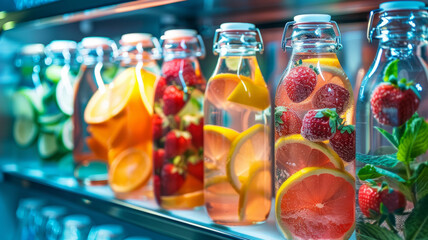 Bottles of fruit-infused water in fridge. - obrazy, fototapety, plakaty