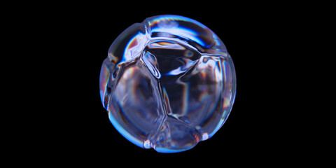 Abstract fractured dispersion glass sphere on black background. Broken crystal ball. 3d rendering