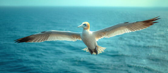 Majestic seabird in flight over ocean with wings spread wide, showcasing natural wildlife and...