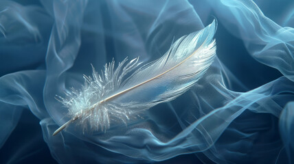 A white feather floating on a soft fabric