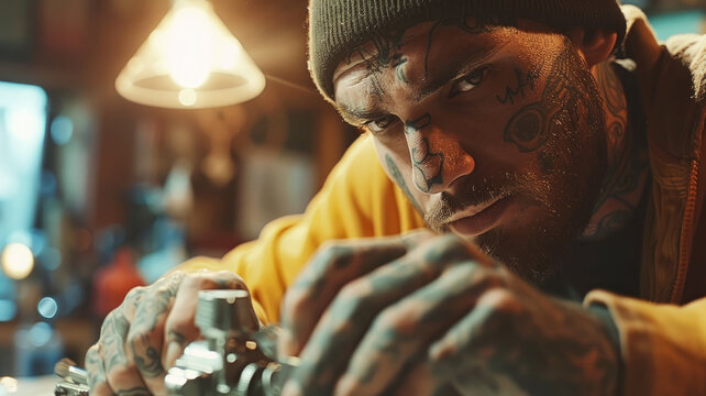 Man with tattoos holding a camera.