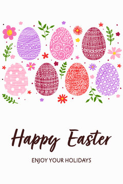 Colourful Easter background. Concept of a greeting card with painted egg decoration and flowers. Vector illustration