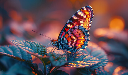 Vibrant butterfly on leaf with bokeh background