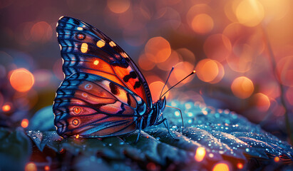 Vibrant monarch butterfly on dewy leaf with bokeh background. - obrazy, fototapety, plakaty